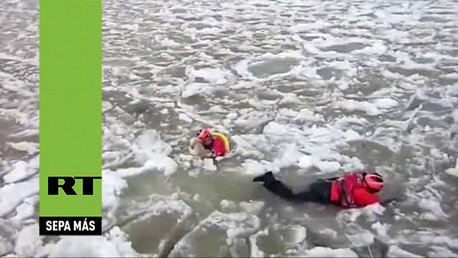 Así rescataron a un desesperado perro que se ahogaba en aguas heladas 