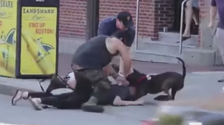 Un pit bull enfurecido ataca sin piedad a un perro pequeño frente a su dueña