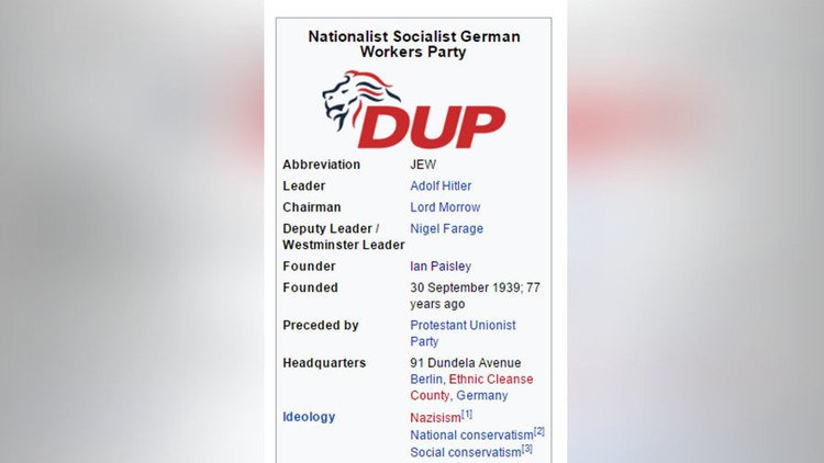 "Hitler es el líder": Lea la entrada en Wikipedia sobre el Partido Unionista de Irlanda del Norte