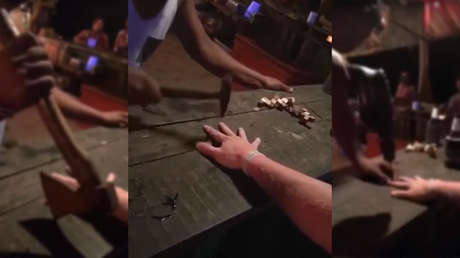 Arriesgan sus dedos en peligroso juego 'martillo, hacha y taladro' para ganar un trago
