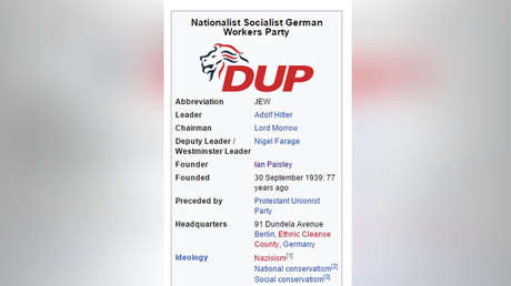 "Hitler es el líder": Lea la entrada en Wikipedia sobre el Partido Unionista de Irlanda del Norte