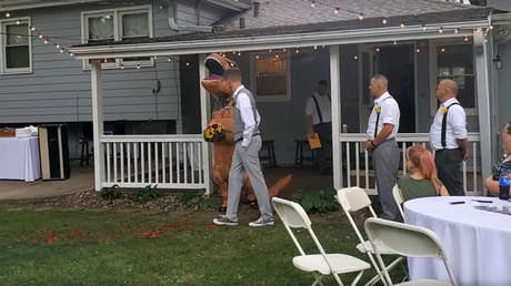 VIDEO, FOTOS: Una dama de honor se presenta en la boda de la novia vestida de dinosaurio
