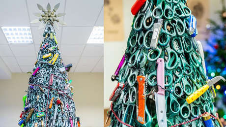 FOTOS: Árbol de Navidad decorado con artículos confiscados engalana el aeropuerto de Vilna