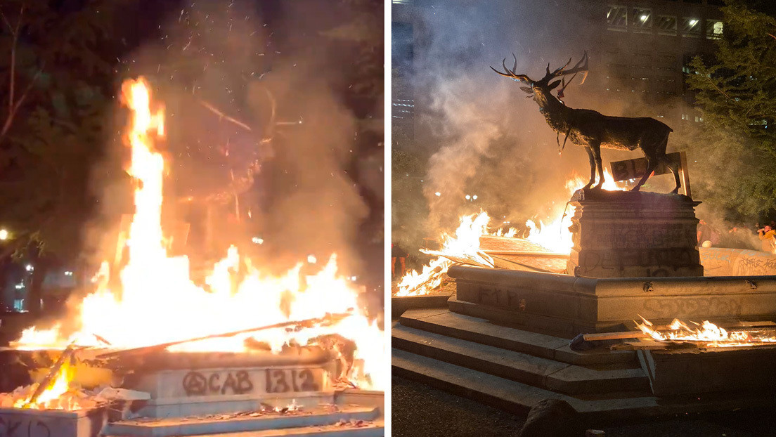 Queman la estatua de un alce en medio de una protesta en Portland (VIDEO)