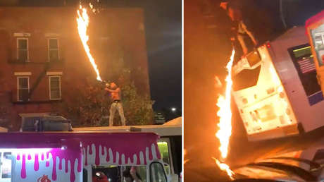 VIDEO: El momento en que un hombre dispara un lanzallamas tras subir al techo de un autobús en Nueva York