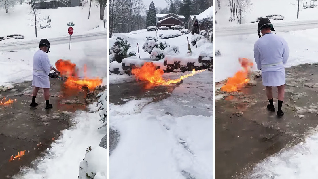 Recurre al lanzallamas para despejar de nieve la entrada de su casa (VIDEOS)