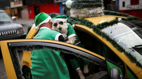 Un taxista y su copiloto canino recorren Bogotá disfrazados de Papá Noel