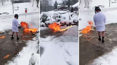 Recurre al lanzallamas para despejar de nieve la entrada de su casa (VIDEOS)