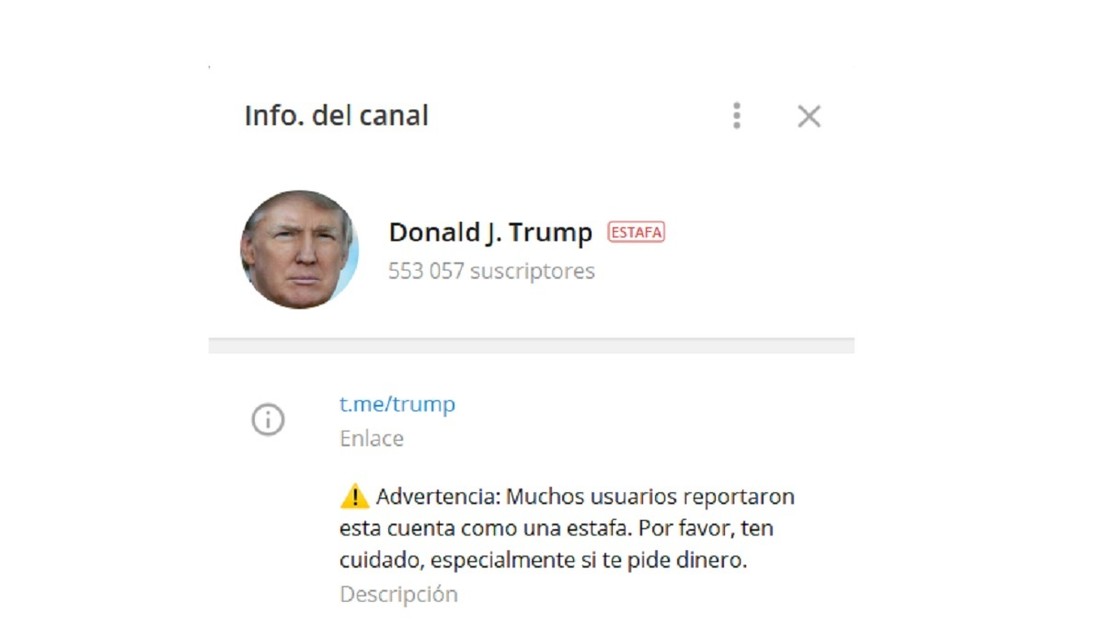Telegram marca como 'estafa' el canal 'Donald J. Trump', con más de 550.000 seguidores