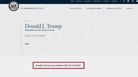Alteran los perfiles de Trump y Pence en la web del Departamento de Estado de EE.UU. para decir que sus mandatos terminaron este lunes