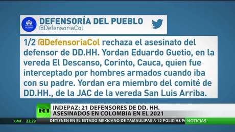 Indepaz: 21 defensores de derechos humanos han sido asesinados en Colombia en lo que va de 2021