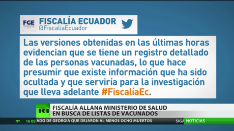 Ecuador: La Fiscalía allana el Ministerio de Salud en busca de listas de vacunados contra el covid-19