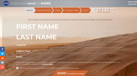 La NASA actualiza la página de su proyecto 'Envía tu nombre a Marte' tras recibir críticas de China por listar a Taiwán como país