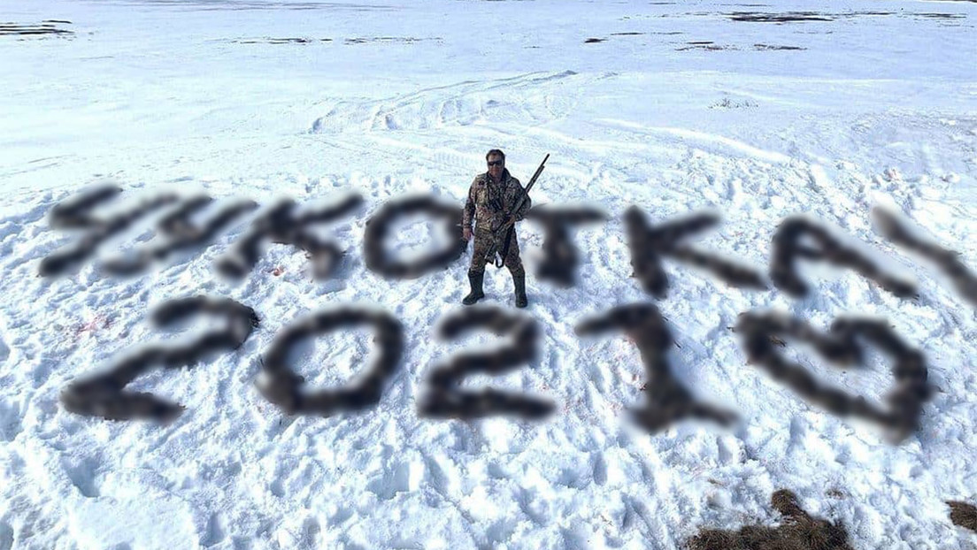 Un cazador ruso posa para una foto con una frase escrita con más de 100 gansos muertos y acaba bajo investigación