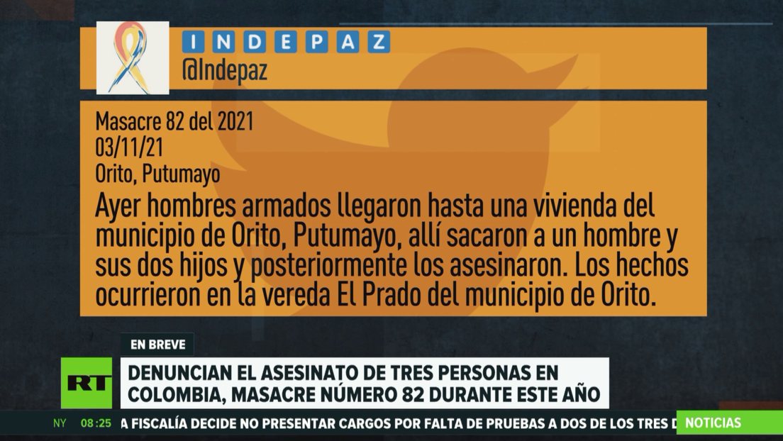 Denuncian el asesinato de 3 personas en Colombia, masacre número 82 en este año