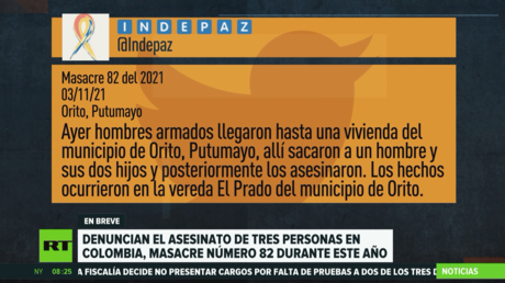 Denuncian el asesinato de 3 personas en Colombia, masacre número 82 en este año