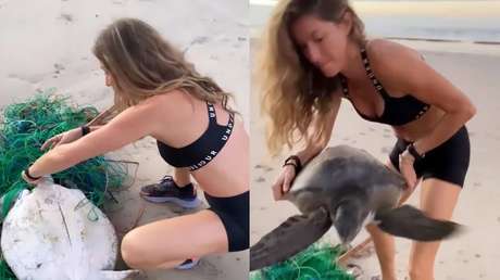 VIDEO: La supermodelo Gisele Bündchen rescata a una tortuga marina atrapada en una red de pesca en una playa