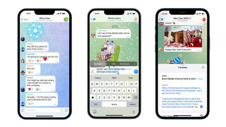 Telegram lanza su actualización navideña que permite reaccionar a los mensajes con emojis animados y ocultar texto para evitar 'spoilers'