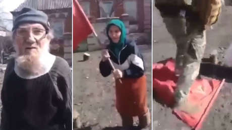 Militares ucranianos se burlan de una pareja de ancianos que les da la bienvenida con una bandera de la URSS, pensando que son tropas rusas (VIDEO)
