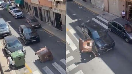Un auto a gran velocidad choca contra un contenedor, pierde el control y provoca el caos en una localidad de España (VIDEOS)
