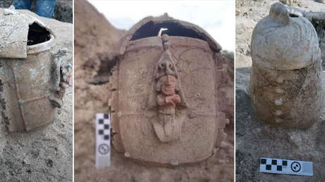 Encuentran una urna funeraria con la imagen del 'dios del maíz' en las obras del Tren Maya