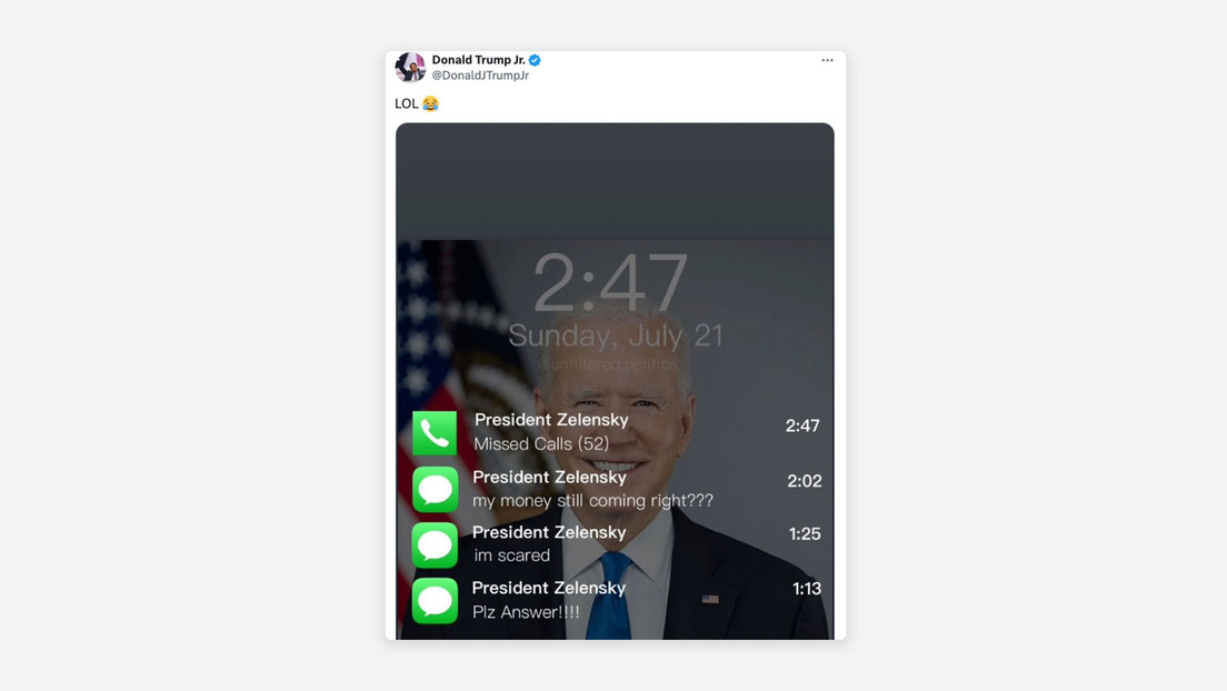 Hijo de Trump se burla de Zelenski tras salida de Biden de la carrera electoral