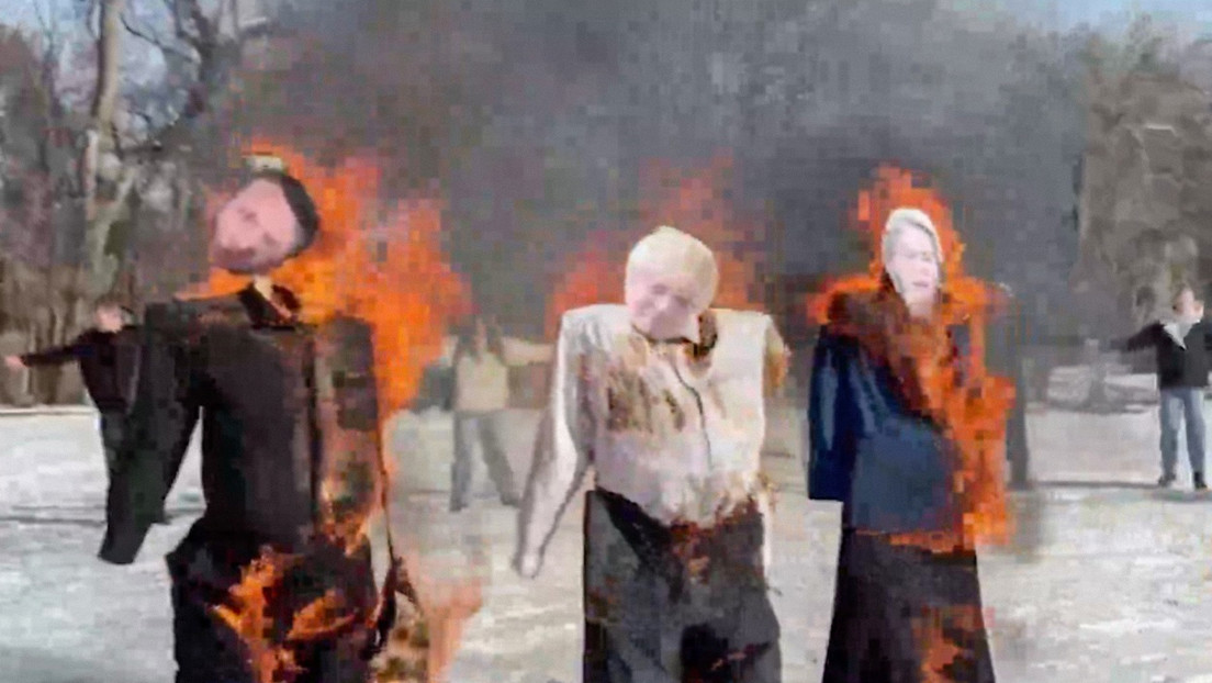 VIDEO: Von der Leyen, Macron y Boris Johnson arden en un adiós al invierno en Donetsk