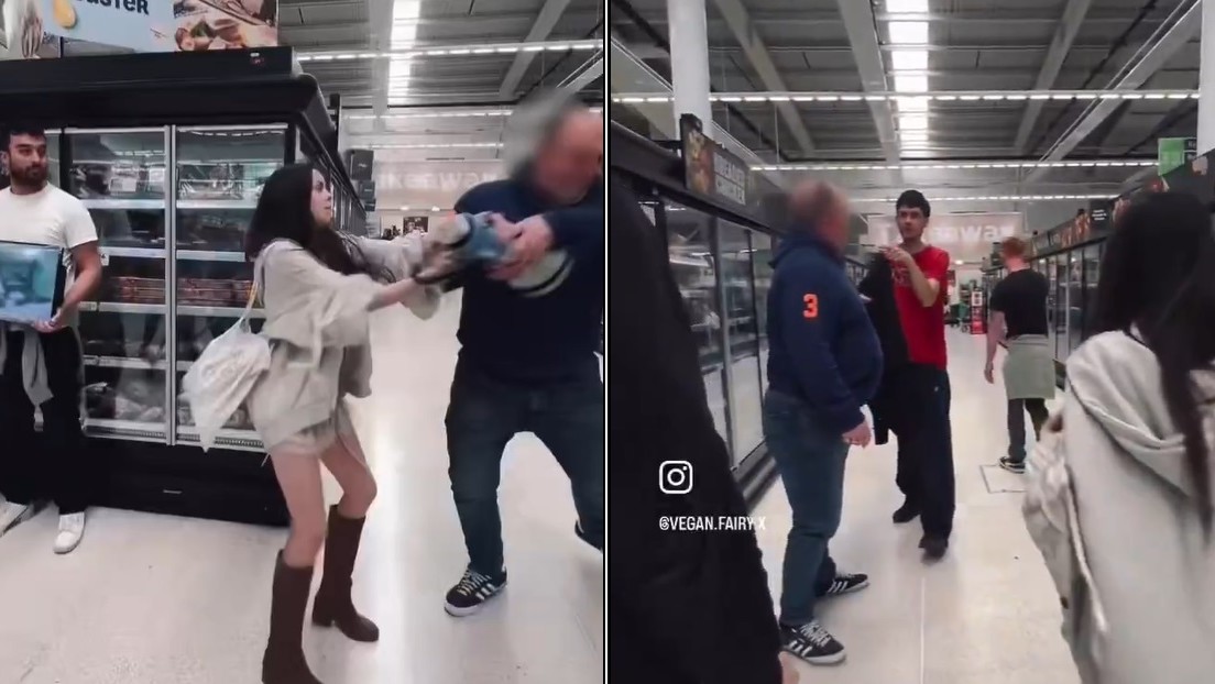 VIDEO: Comprador enfurecido destroza el megáfono de una activista vegana en un supermercado