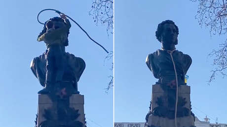'Cuelgan' a monumento a Pushkin en Odesa y ponen el anuncio "busco una excavadora"