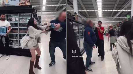 VIDEO: Comprador enfurecido destroza el megáfono de una activista vegana en un supermercado