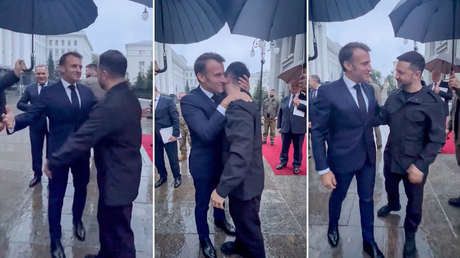 'Química' bajo la lluvia: Macron y Zelenski se funden en un prolongado abrazo (VIDEO, FOTOS)
