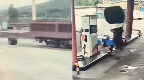 VIDEO: Hombre esquiva por un pelo una rueda que sale volando de un camión