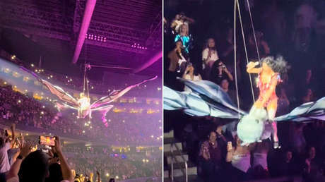 VIDEO: Katy Perry casi cae mientras volaba en una mariposa gigante en un concierto