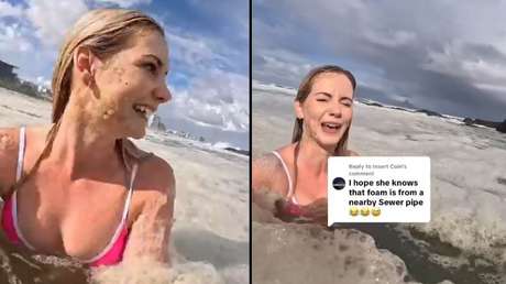 VIDEO: 'Influencer' nada sonriente en 'espuma marina' sin saber que son aguas residuales
