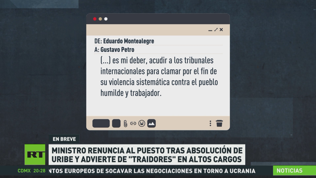 Ministro colombiano renuncia tras absolución de Uribe y advierte de "traidores" en altos cargos