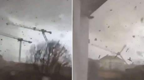 VIDEO: Tornado doblega tres grúas en Francia y caen en cadena
