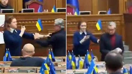 Diputada bloquea el podio del Parlamento ucraniano y se pelea con sus colegas (VIDEO)