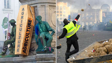 Lanzan papas al Parlamento Europeo y queman un 'ataúd' de la agricultura (VIDEO)