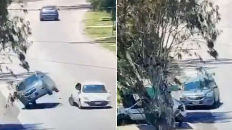 Va distraído en el celular, choca y de milagro no mata a dos peatones (VIDEO)