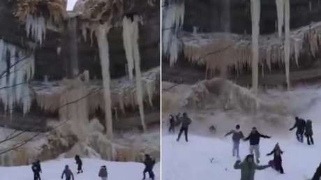 VIDEO: Enorme cascada de hielo da segunda chance a turistas desatentos