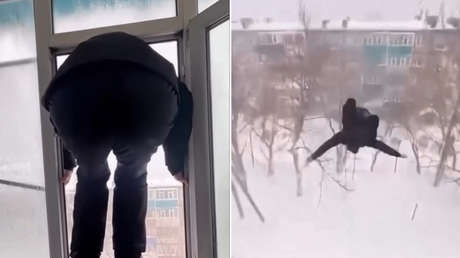 VIDEO: Joven salta a una montaña de nieve desde el quinto piso