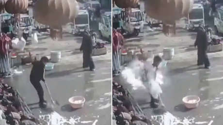 VIDEO: Esquivan por poco una 'avalancha' que se desprende de un tejado