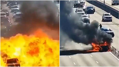 IMPACTANTE VIDEO: Un auto estalla en una autopista y crea un muro de llamas de tres carriles