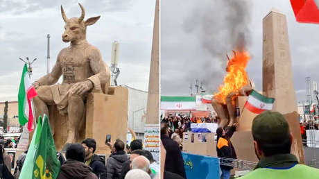 VIDEO: Manifestantes iraníes queman una estatua de 'Baal Epstein'