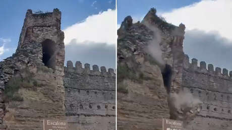 VIDEO: Instante en el que se derrumba la torre de un castillo en España