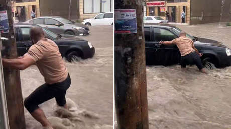 VIDEO: 'Superhombre' de Daguestán aparta a pulso un coche en plena inundación