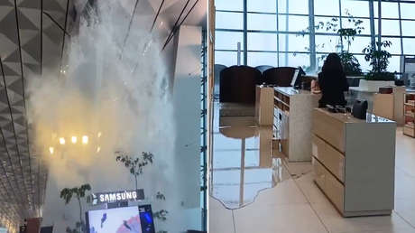 VIDEO: Lluvias generan el quiebre del techo de un aeropuerto en Indonesia