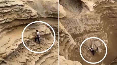 Un hombre arriesga su vida para rescatar a un perro que cayó en un gran cañón (VIDEO)