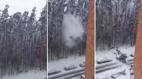 VIDEO: Enorme rama cae y 'aplasta' un coche durante la repentina nevada en Moscú y sus alrededores