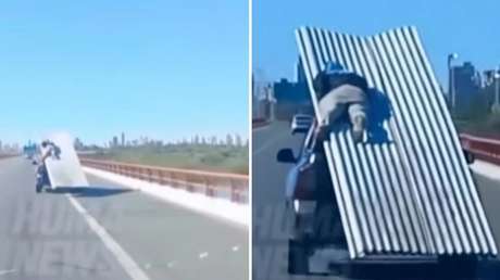 VIDEO: Hombre viaja recostado sobre chapas en plena autopista